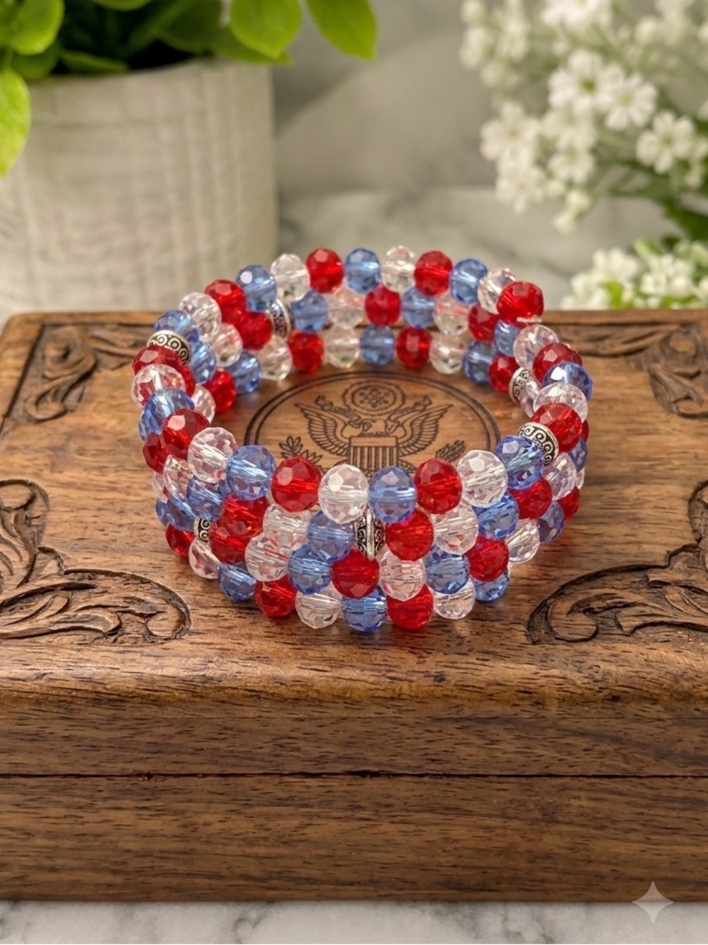 Crystal Beaded Wrap Bracelet - Red, Blue & Clear